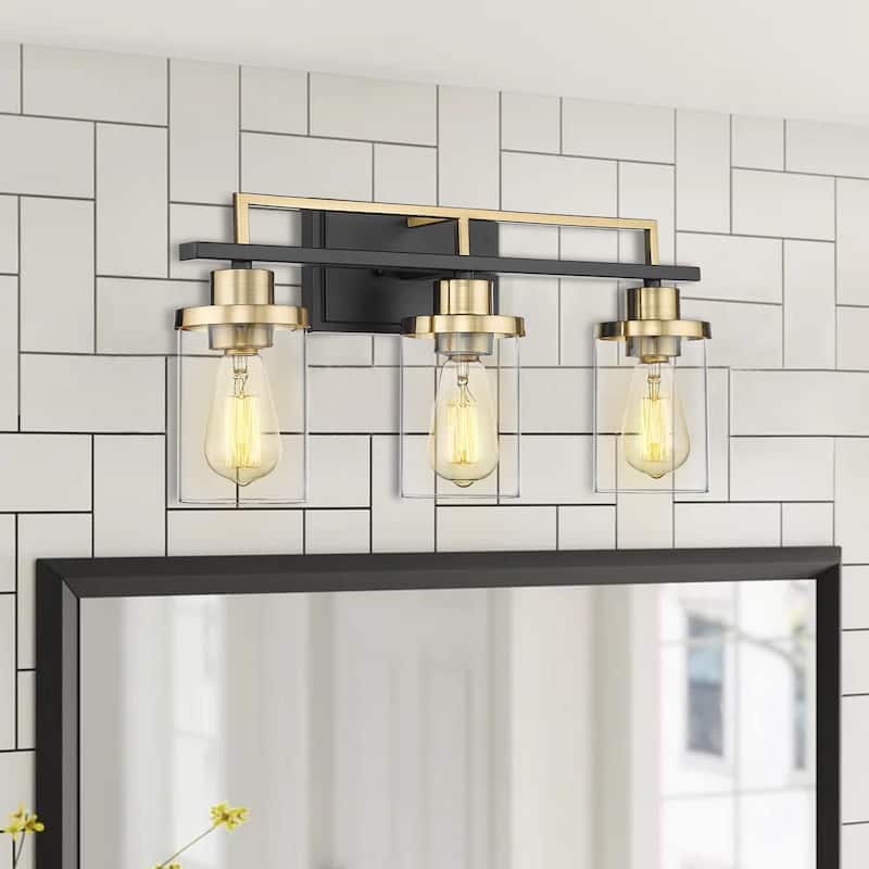 Farmhouse 3-Light Bathroom Vanity Light with Clear Glass - Black and Gold