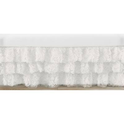 White Floral Rose Girl Tiered Ruffled Crib Bed Skirt - Flower Luxurious Elegant Princess Vintage Boho Shabby Chic Luxury Glam
