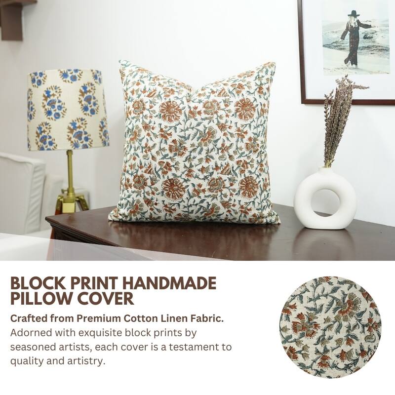 Fabdivine Handmade Dark Blue Block Print Cushion Cover Floral Linen for Living Room Sofa Chair Hotel, Home Decoration, Gopi