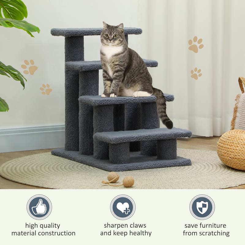 PawHut 25" 4-Step Multi-Level Carpeted Cat Scratching Post Pet Stairs - Grey