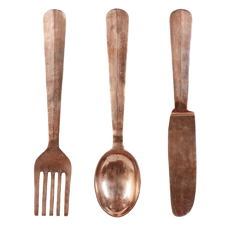 Aluminum Metal Large Knife, Spoon, and Fork Utensils Wall Decor (Set of 3) - Silver or Copper