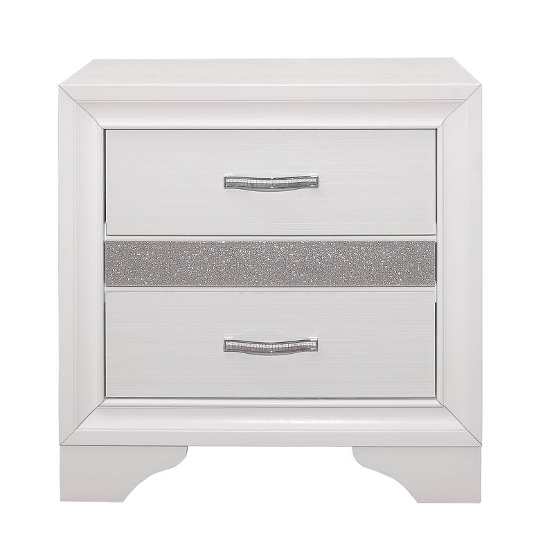 Glamorous Nightstand with Hidden Jewelry Drawer, White Finish, Silver Glitter