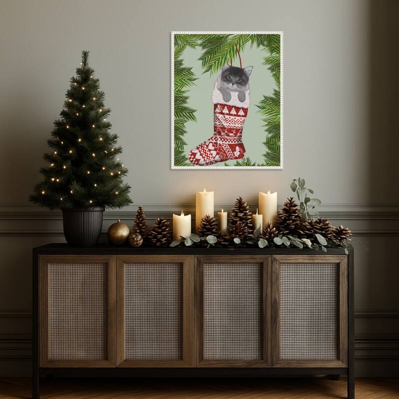 Grey Kitten in Christmas Stocking by Fab Funky (23 x 28 in.), Framed Canvas Wall Art Print - Sylvie Beaded White