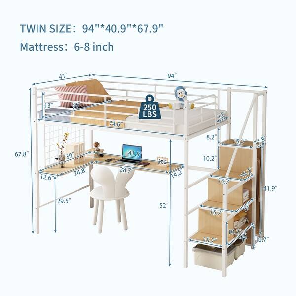 Twin Size Metal Loft Bed with L-Shaped Desk, Storage Wardrobe, Sturdy Ladder Shelves, Guardrails & Metal Grid