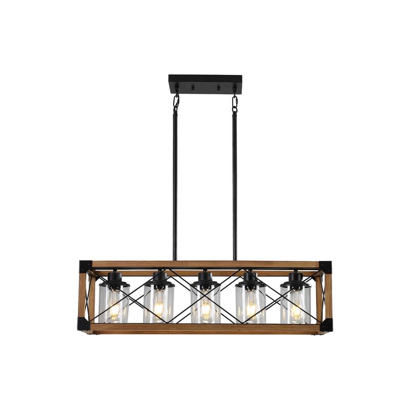 32" Wood Industrial Farmhouse Rectangle Pendant Light, 5-Light Chandelier with Lampshade for Dining Room (No Bulbs)