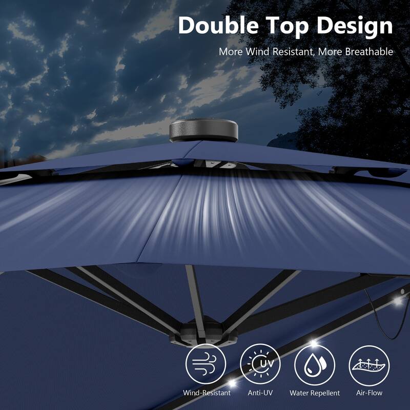 MAISON ARTS 15ft 2-Tier Large Patio Umbrella with Solar Lights, Double-Sided Outdoor Market Umbrellas with Base Included
