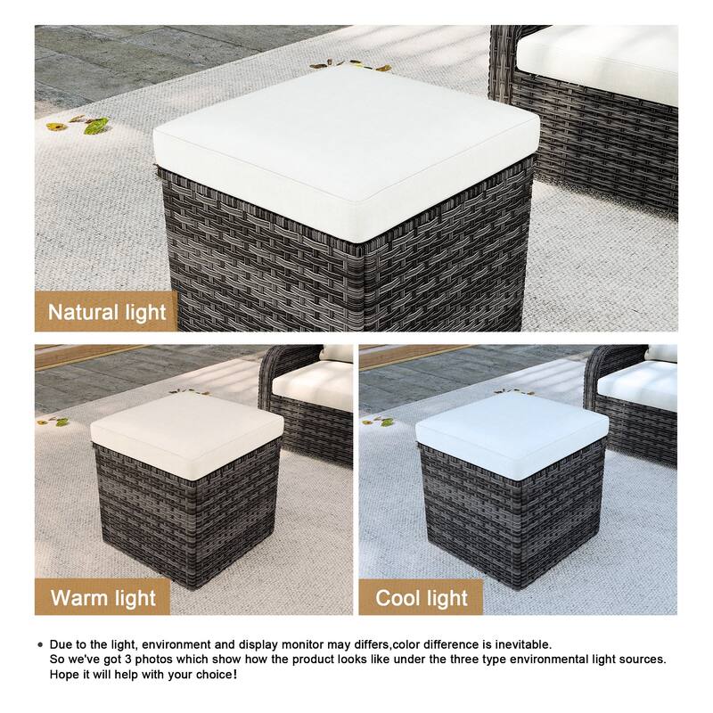 Outdoor Patio PE Wicker Ottoman with Cushion Set of 2