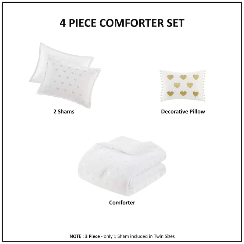 4 PCS Full/Queen Metallic Printed Plush Comforter Set with Throw Pillow White/Gold