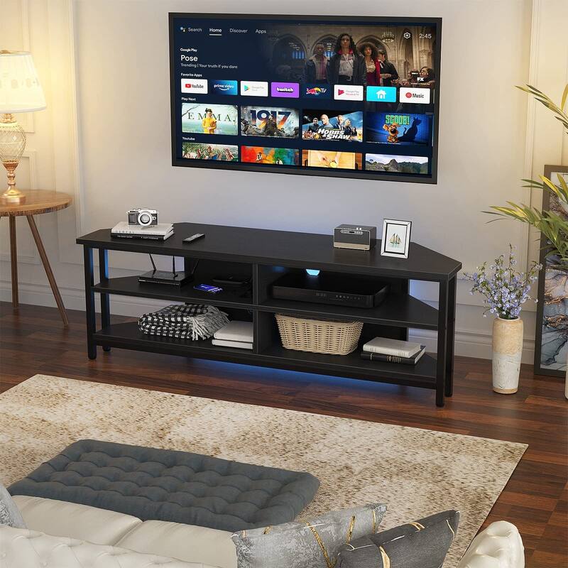 Farmhouse Wood Corner TV Stand with Power Outlet, Space Saving Entertainment Center Media TV Console Table