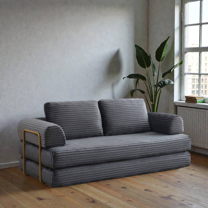 Convertible Sofa Bed Futon, Corduroy Folding Floor Couch with Pillows, Boneless Sleeper Mattress for Living Room - Grey