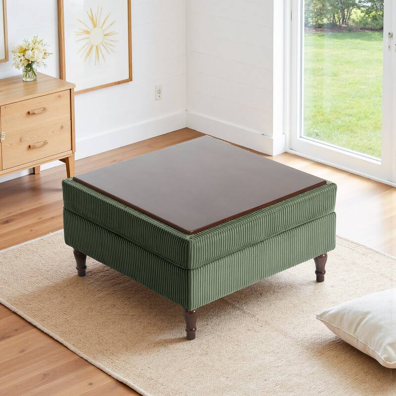 31.78" W Oversized Square Upholstered Storage Ottoman with Wooden Tray