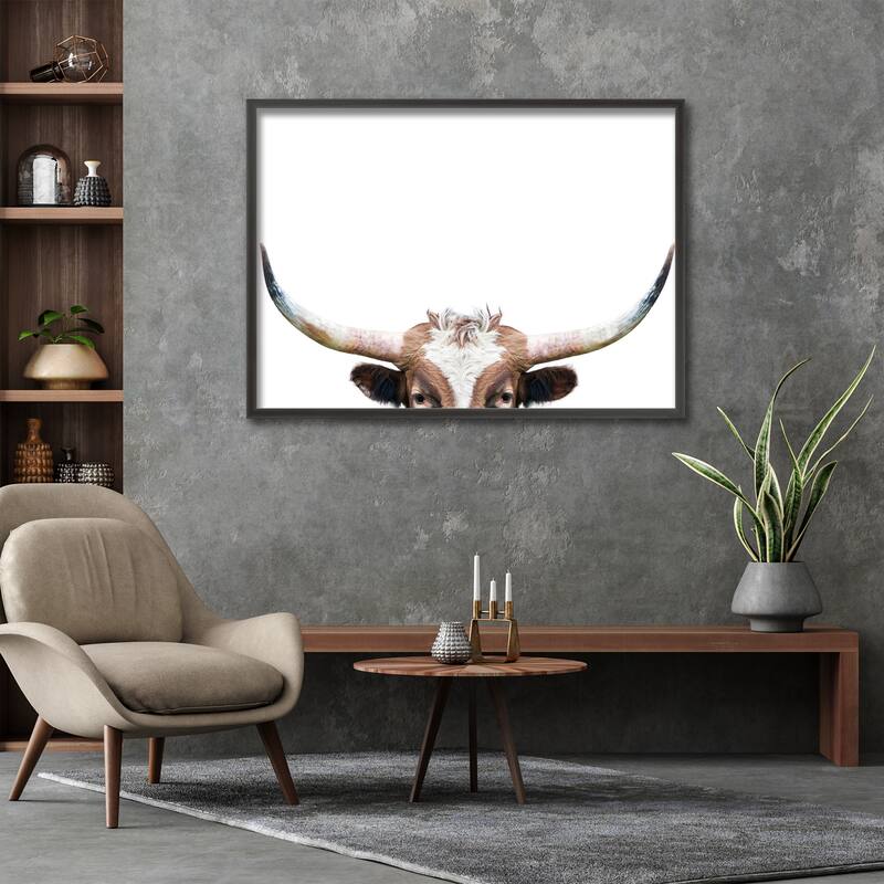 "Peeking Longhorn Cow" Framed Print Wall Art by Kathrin Pienaar