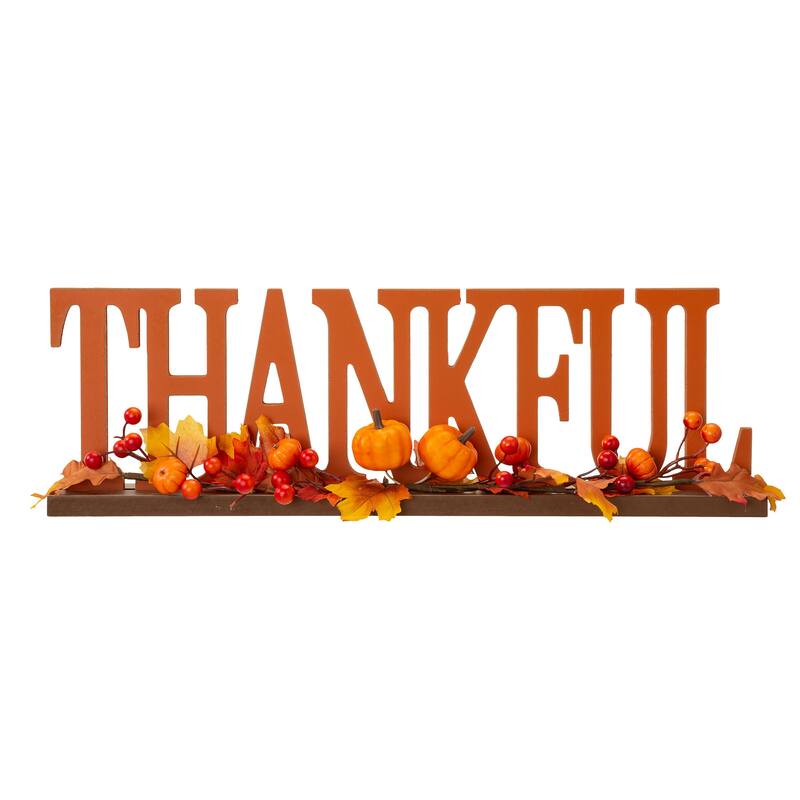 Glitzhome 20"L THANKFUL Word Sign Wooden Table Decor for Fall Thanksgiving - Floral
