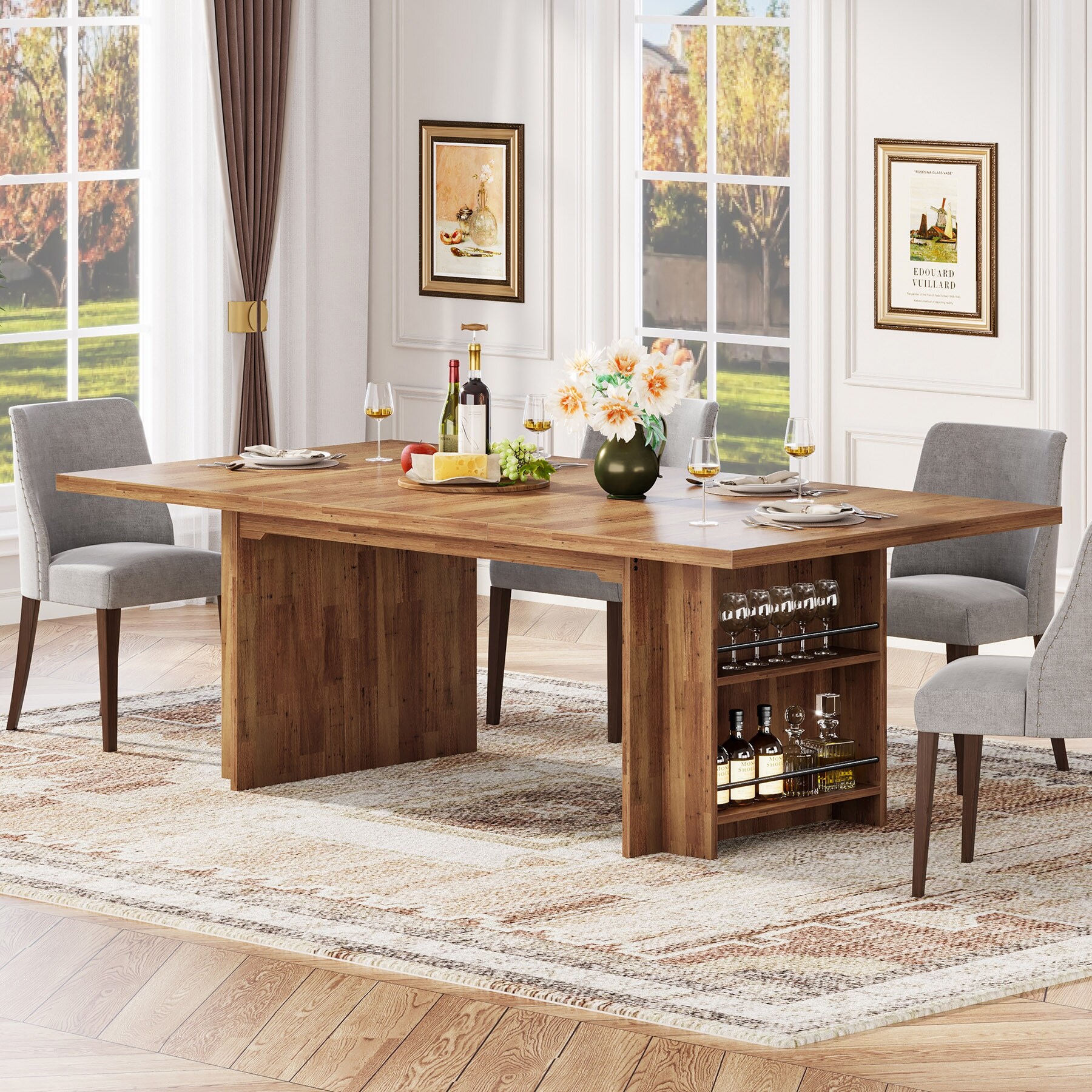 63" Farmhouse Dining Table for 6, Rectangular Wood Kitchen Table with Storage