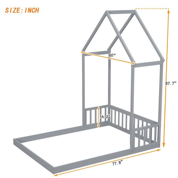 Full Roof-Framed Headboard Floor Bed Frame w/Headboard Guardrails,Grey