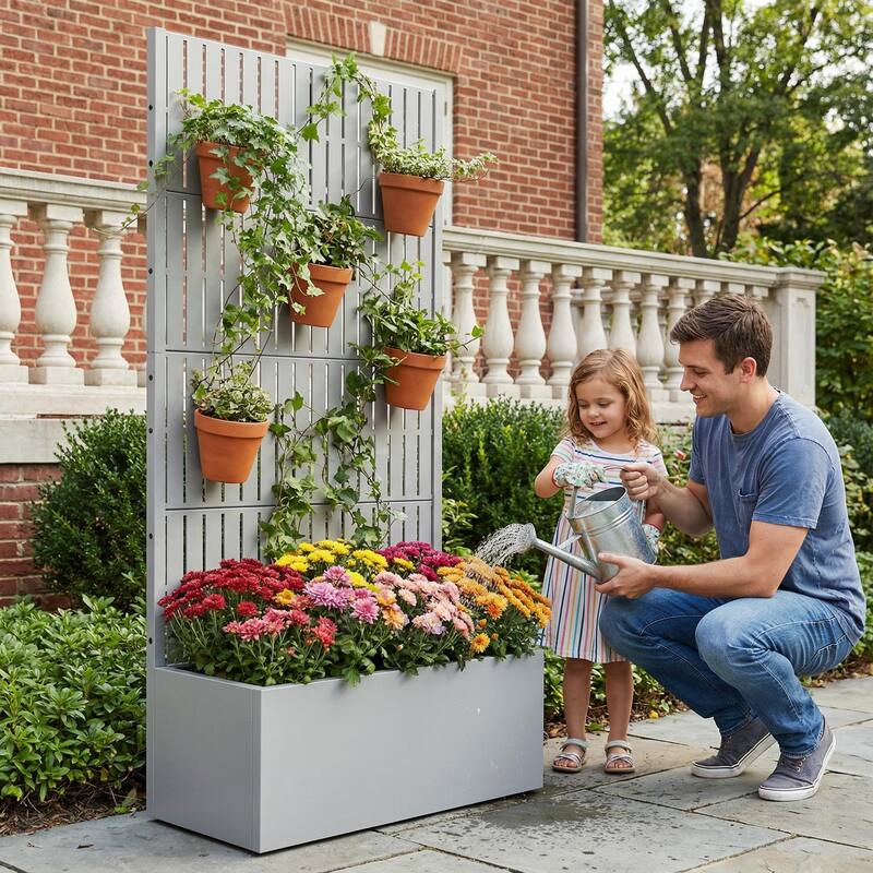 Raised Garden Bed Planter with Trellis Movable Planter Box with Lockable Wheels