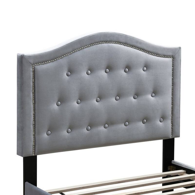 Button Tufted Full Velvet Bed with Curved Headboard, Gray