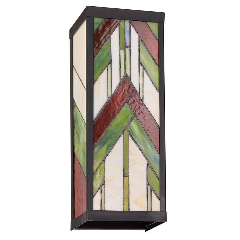 River of Goods Green Stained Glass and Black Satin Rectangular 1-Light Outdoor Wall Sconce - 6.25" x 5.5" x 16.25"