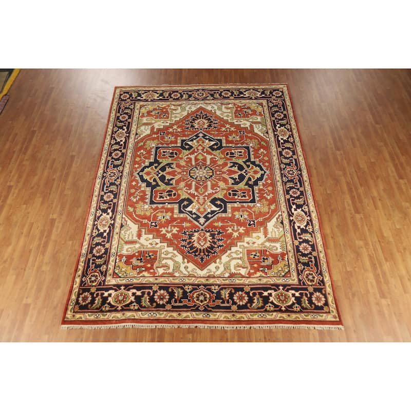 Geometric Medallion Heriz Serapi Indian Rug Hand-Knotted Wool Carpet - 8'10" x 12'0"