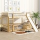 preview thumbnail 3 of 31, Twin Over Twin Low Pine Wood Bunk Bed with Guardrails, Slide and Ladder for Kids, No Slats Toddler Floor Bed with Fence and Door