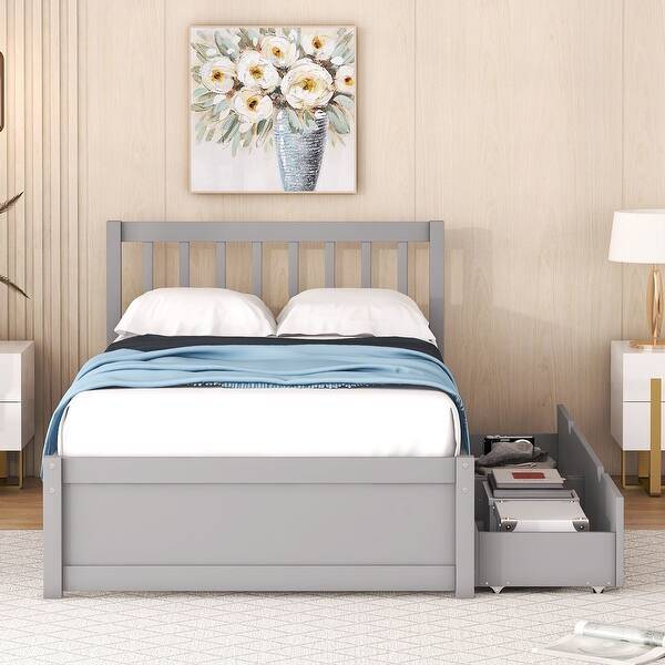 slide 2 of 9, Twin Size Platform Bed with 2 Drawers, Wooden Twin Bed Frame with Headboard and Solid Wood Slats Support for Kids,Teen,Adult Grey - Twin