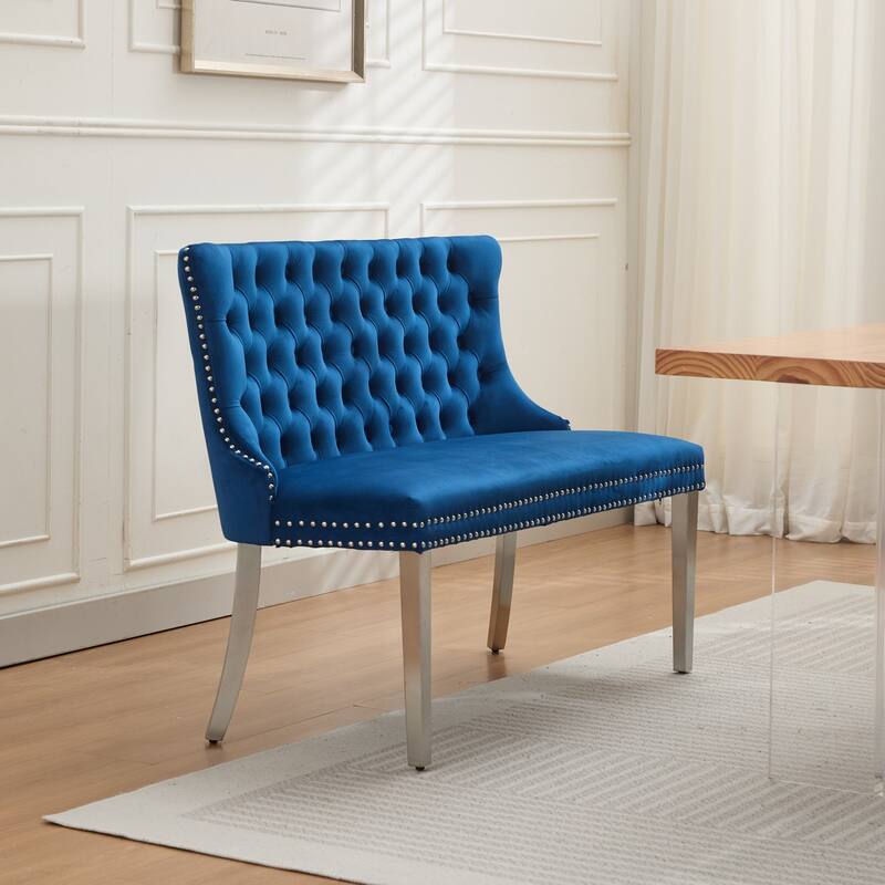 Velvet Double Dining Loveseat Bench, 2-Seat Tufted Bench w/Handmade Buttons, Wing Back, Stainless Steel Legs,Single Pack