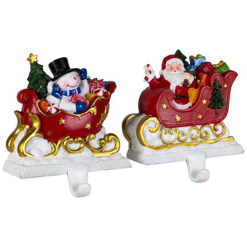 Santa and Snowman Sleigh Ride Christmas Stocking Holders - 4.25" - Set of 2 - 4"