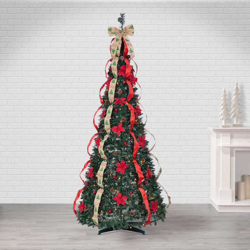 7.5 Foot High Decorated Green Pop Up Pre Lit Pine Tree with 200 Warm White Lights - N/A