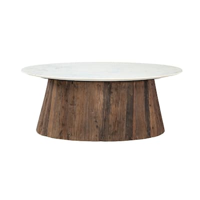 Furniture Classics Reclaimed Wood Base White Marble Oval Coffee Table