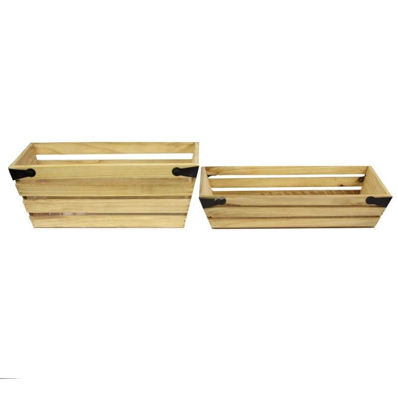Set of 2 Natural Wood 5" & 3"H Rectangle Crate Planter w/ Metal Corner