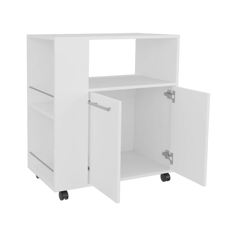 White Kitchen cart with Microwave Shelf and Open Storage