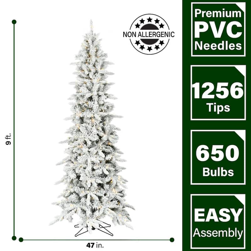Fraser Hill Farm 9-Ft. Slim Mountain Pine Flocked Christmas Tree with Warm White LED Lights