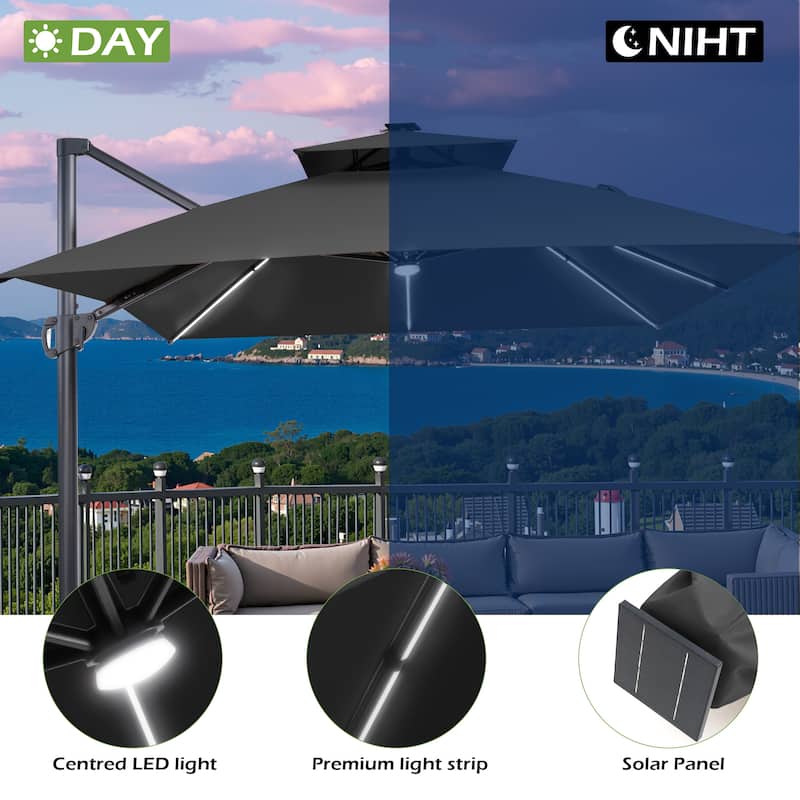 10 X 13 FT Outdoor Patio Cantilever Umbrella with Solar Lights 4-Piece Premium Base Double Canopy 360 Rotation Tilt - On Sale - Overstock - 43588513 10 X 13 FT Outdoor Patio Cantilever Umbrella with Solar Lights 4-Piece Premium Base Double Canopy 360 Rotation Tilt - On Sale - Overstock - 43588513