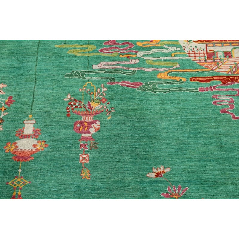 Vegetable Dye Animal Pictorial Art Deco Area Rug Handmade Wool Carpet - 10'3" x 13'7"