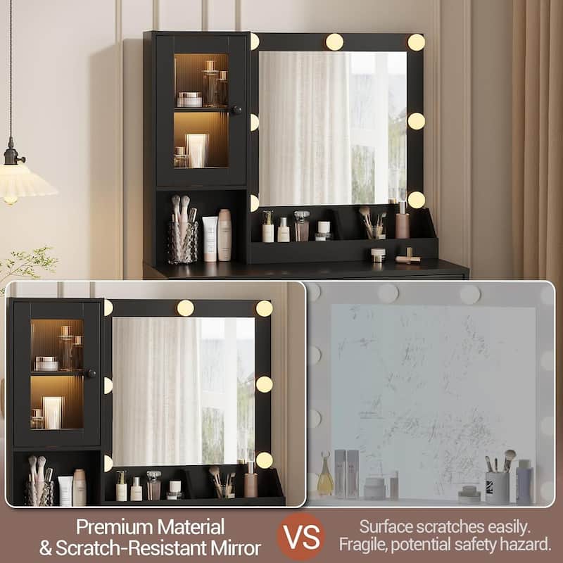 Vanity Desk, Makeup Dressing Table with LED Lights, Mirror, Built-in Outlets & USB Ports