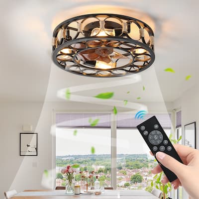Black Drum Flush Mount Ceiling Fans with Remote Control,Reversible Airflow