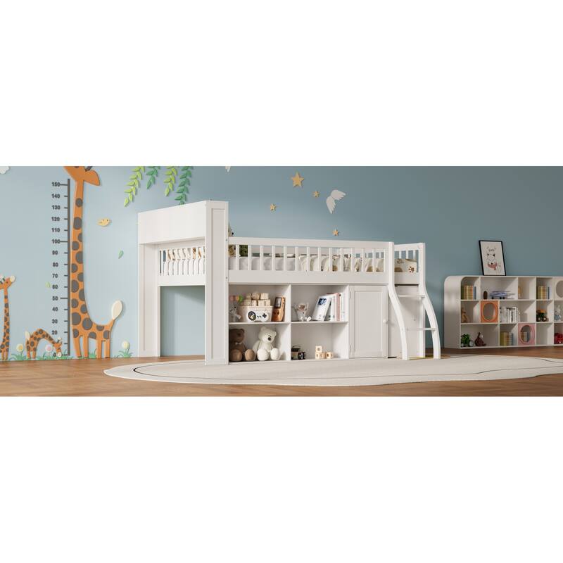 Roomfitters Full/Queen Loft Bed with Storage Shelves and LED Headboard