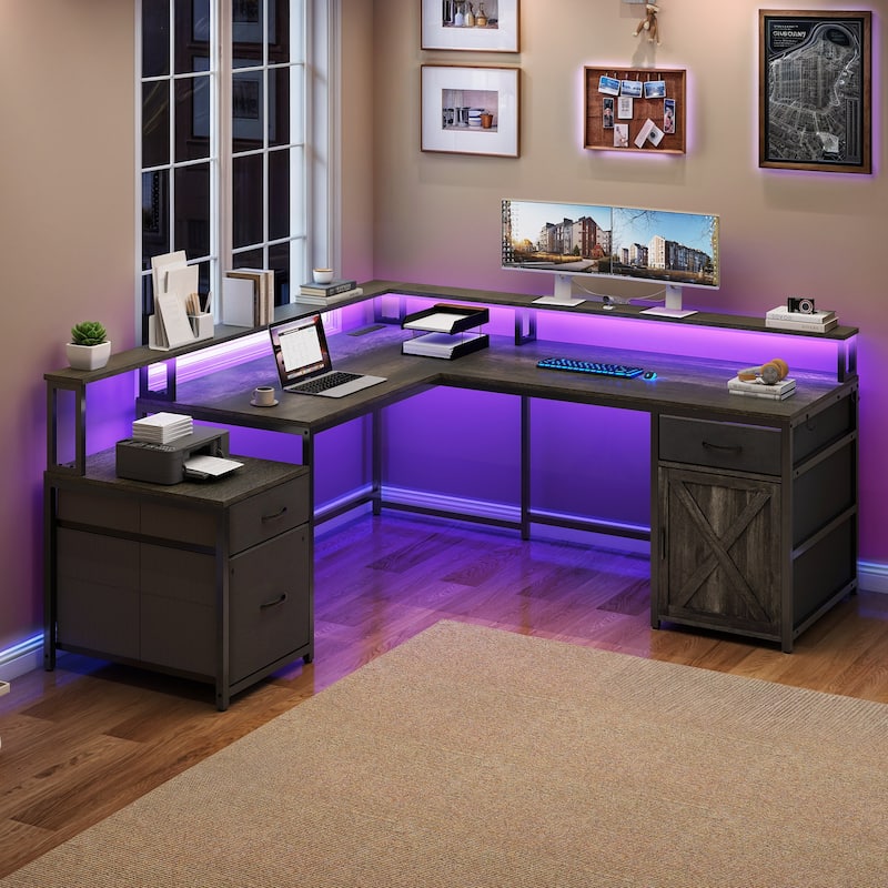 Moasis 63" Corner L Shaped LED Computer Desk with Drawers & Power Outlets