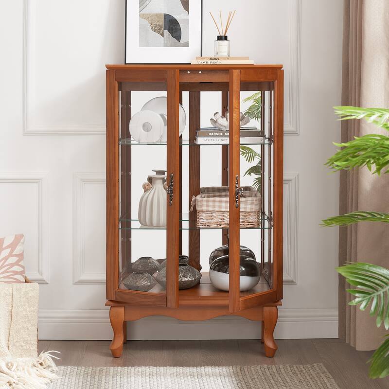 3-Tier Lighted Glass Display Curio Cabinet, China Cabinet with Glass Doors, Mirrored Back Panel & Adjustable Shelves