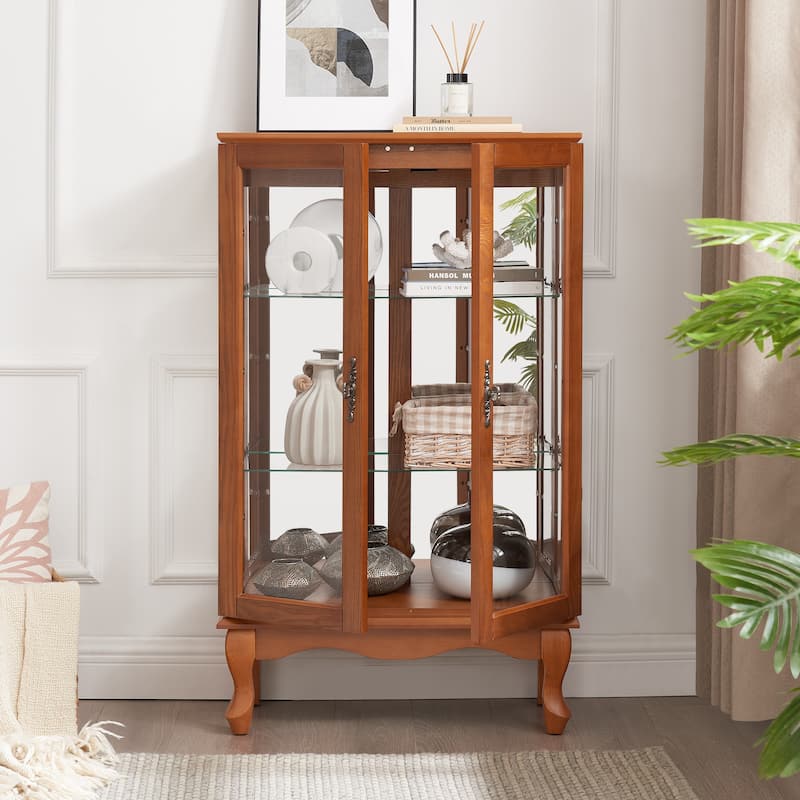 Lighted Curio Cabinet, Display Cabinet with Tempered Glass Doors, China Cabinet with Adjustable Shelves & Mirrored Back Pane