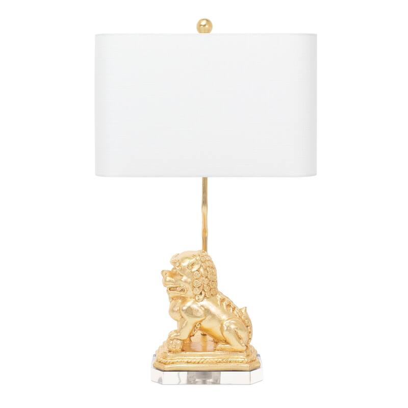 Golden Foo Dog Resin Table Lamp with Linen Lamp Shade