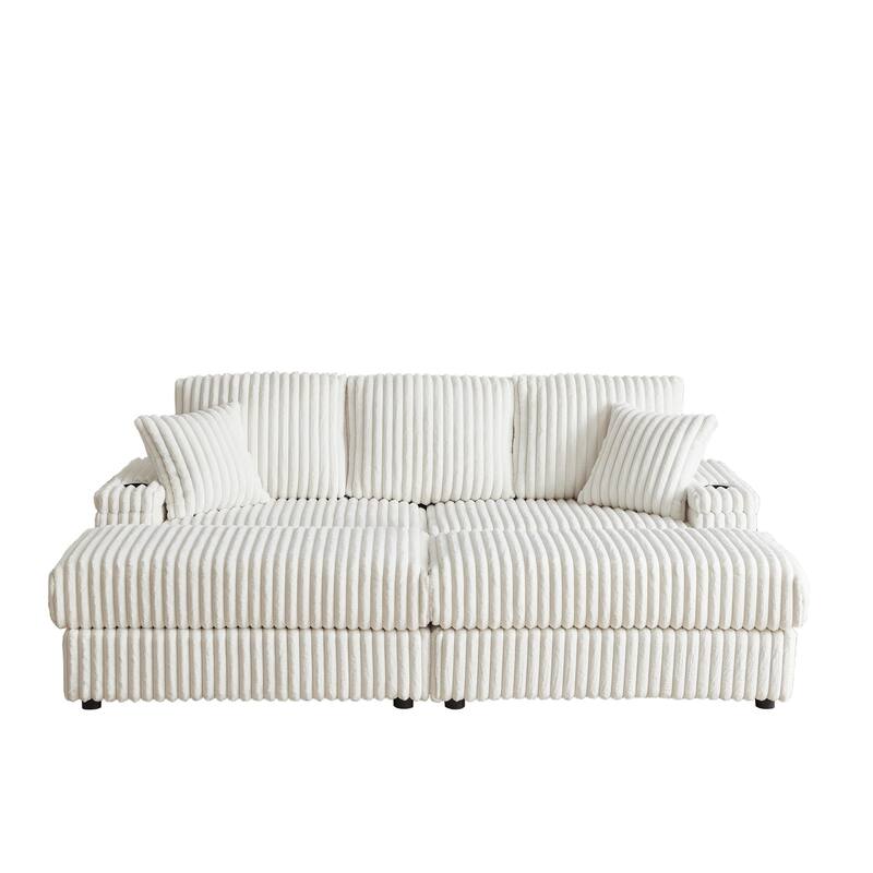 84" Corduroy Deep Seat Sofa Set with 5 Pillows for Livingroom 3-seater Storage Sofa with Ottoman and Cup-holding