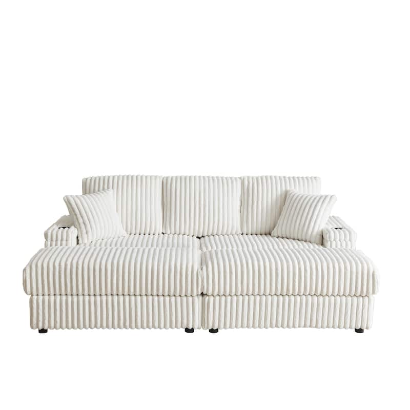 84Inch Corduroy Sofa with 3 Back Pillows,2 Toss Pillows,2 Ottoman,2 Footstool Storage and Cup-Holding Grooves Comfy Sofa