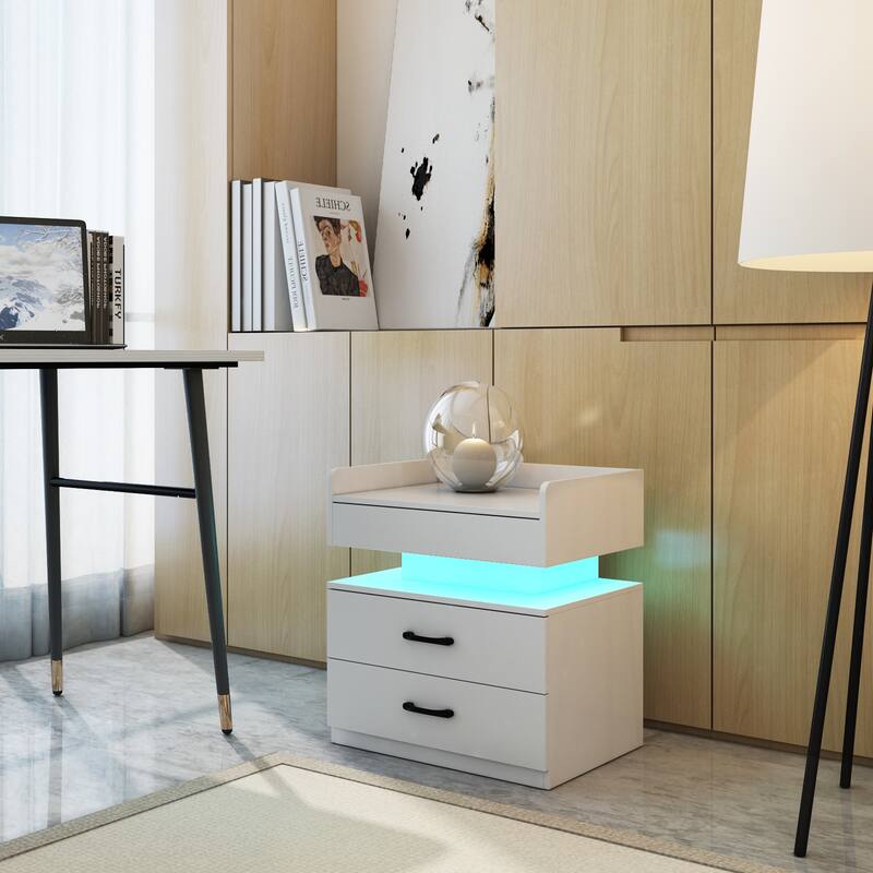 1 Set Nightstand with Adjustable LED Strip Light, 2-Drawers, Large Storage Space