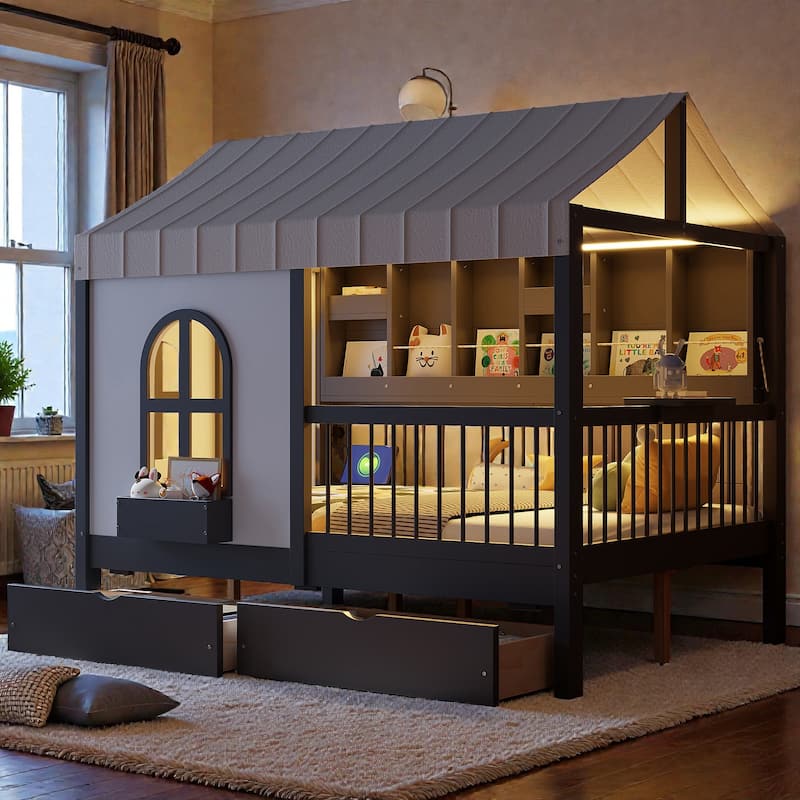 Full Size Kids House Bed with 2 Storage Drawers, Side Bookshelf with LED Strip, Guardrails and Charging Station