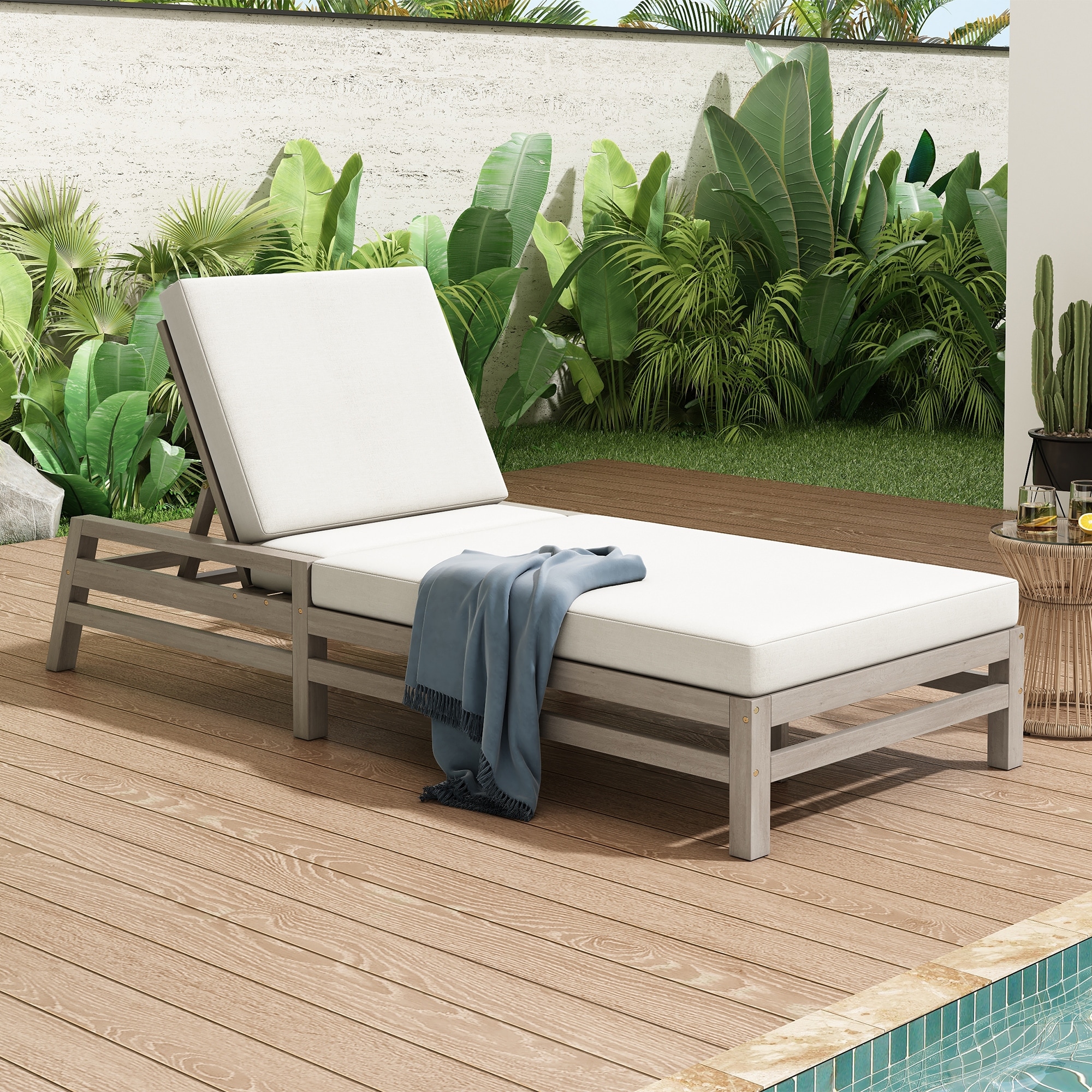 Sofucor 5-Level Adjustable Outdoor Chaise Lounge,Solid Wood Patio Recliner Chair with Thick Cushions,Weather-Resistant