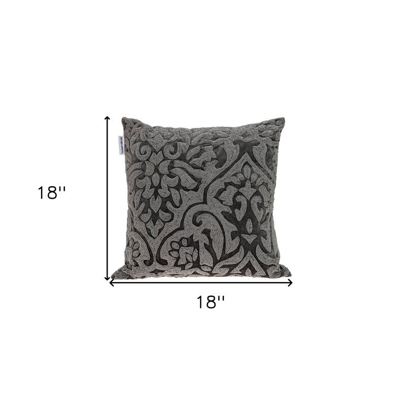 HomeRoots 18" Gray and Silver Damask Velvet Throw Pillow With Beads