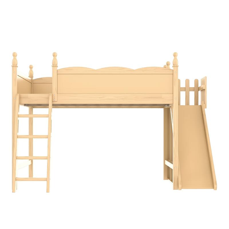 Queen Loft Bed with Storage Shelves and Wardrobe, Solid Wood Loft Beds with Detachable Slide and Ladders, No Spring Box Needed