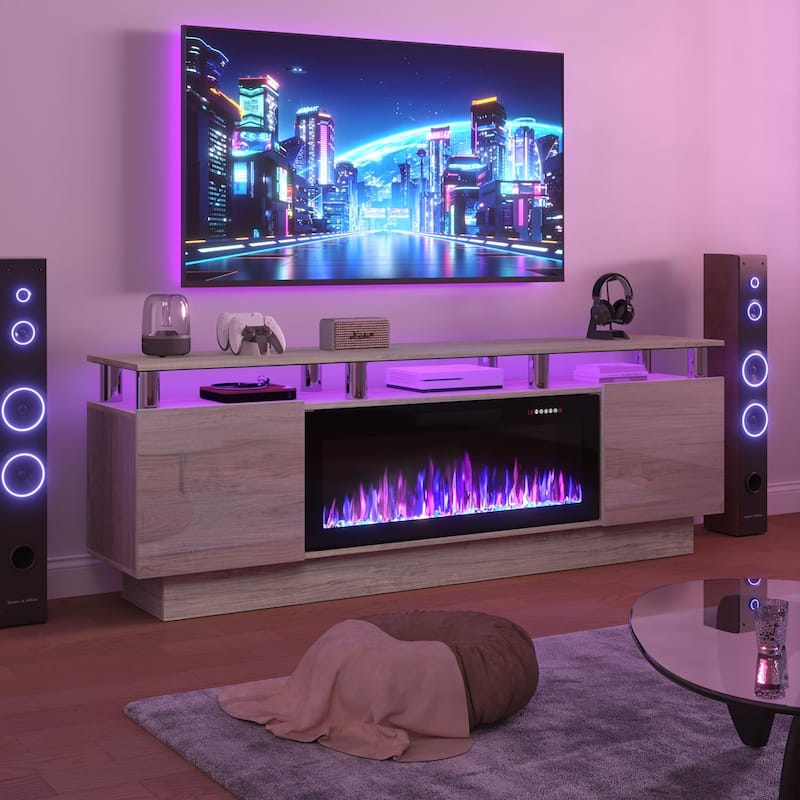 BOSSIN 70" Modern Electric Fireplace TV Stand, with Electronic Flame and LED Lights, High Gloss Finish Entertainment Center - Grey