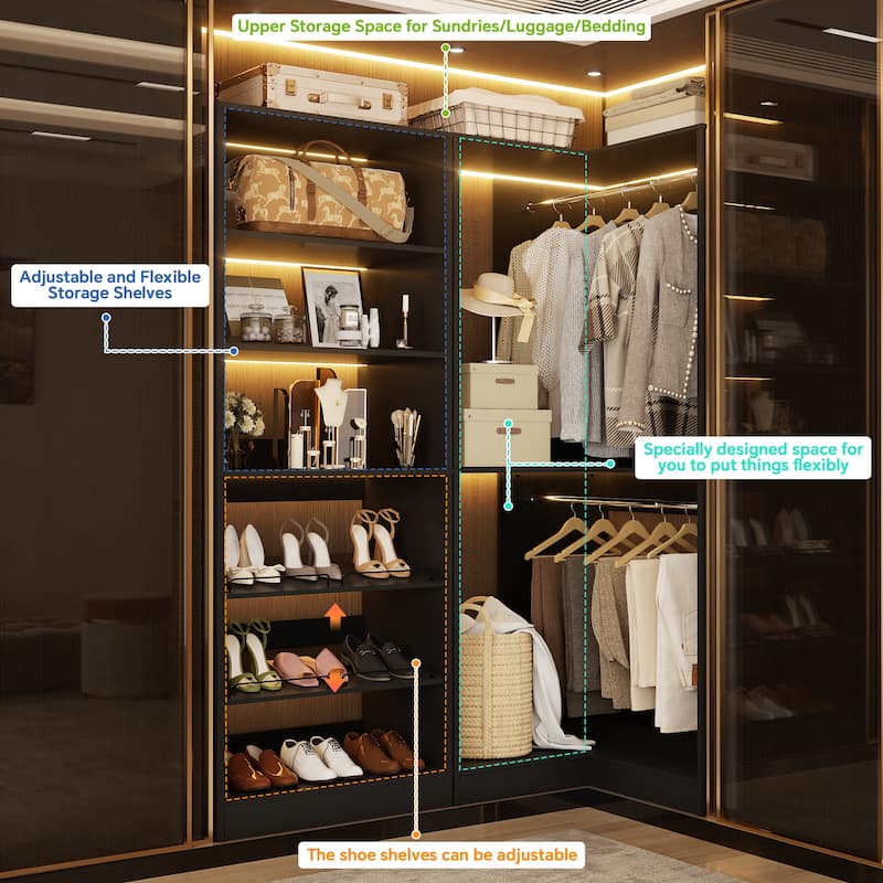 Cimly Set of 2 Corner Closet System, Freestanding Closet Organizer with Hanging Rods and Tower Shelves